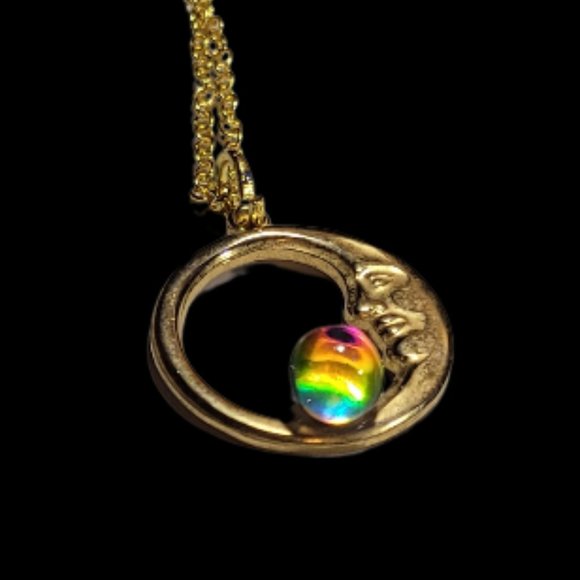 Vintage Gold Plated Man in the Moon Prismatic Glass Ball Necklace - Picture 1 of 16
